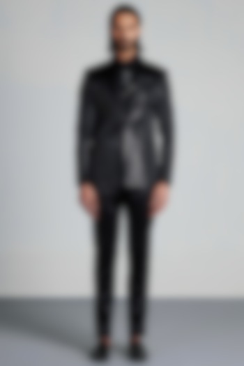 Black Metallic Tuxedo Set by Amit Aggarwal Men at Pernia's Pop Up Shop