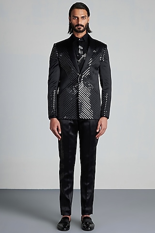 Black Metallic Polymer & Satin Structured Tuxedo Set by Amit Aggarwal Men