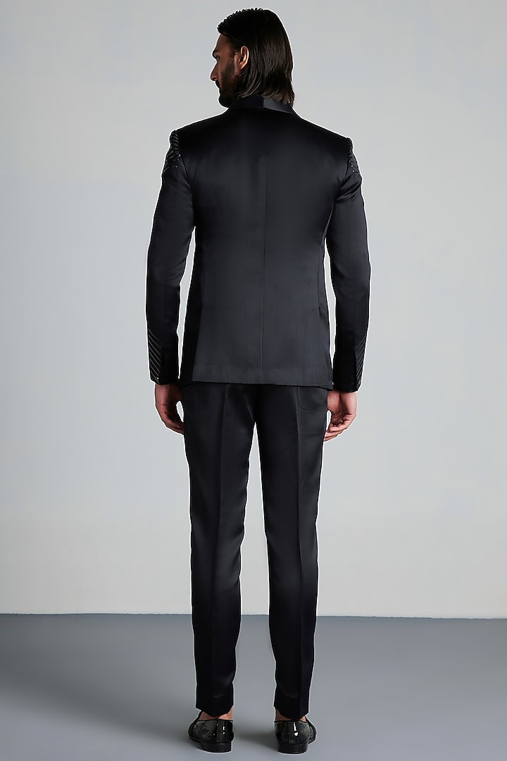 Black Metallic Polymer & Satin Structured Tuxedo Set by Amit Aggarwal Men at Pernia's Pop Up Shop