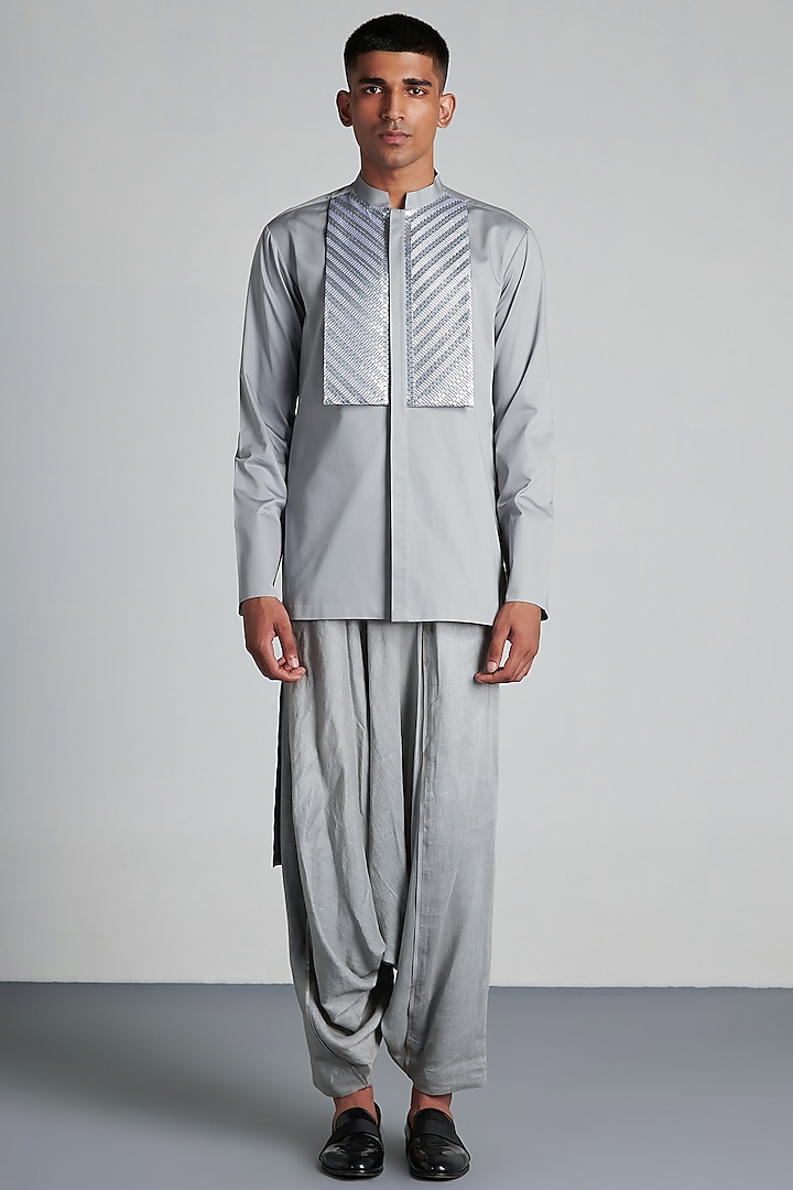Grey Satin Handwoven Shirt by Amit Aggarwal Men