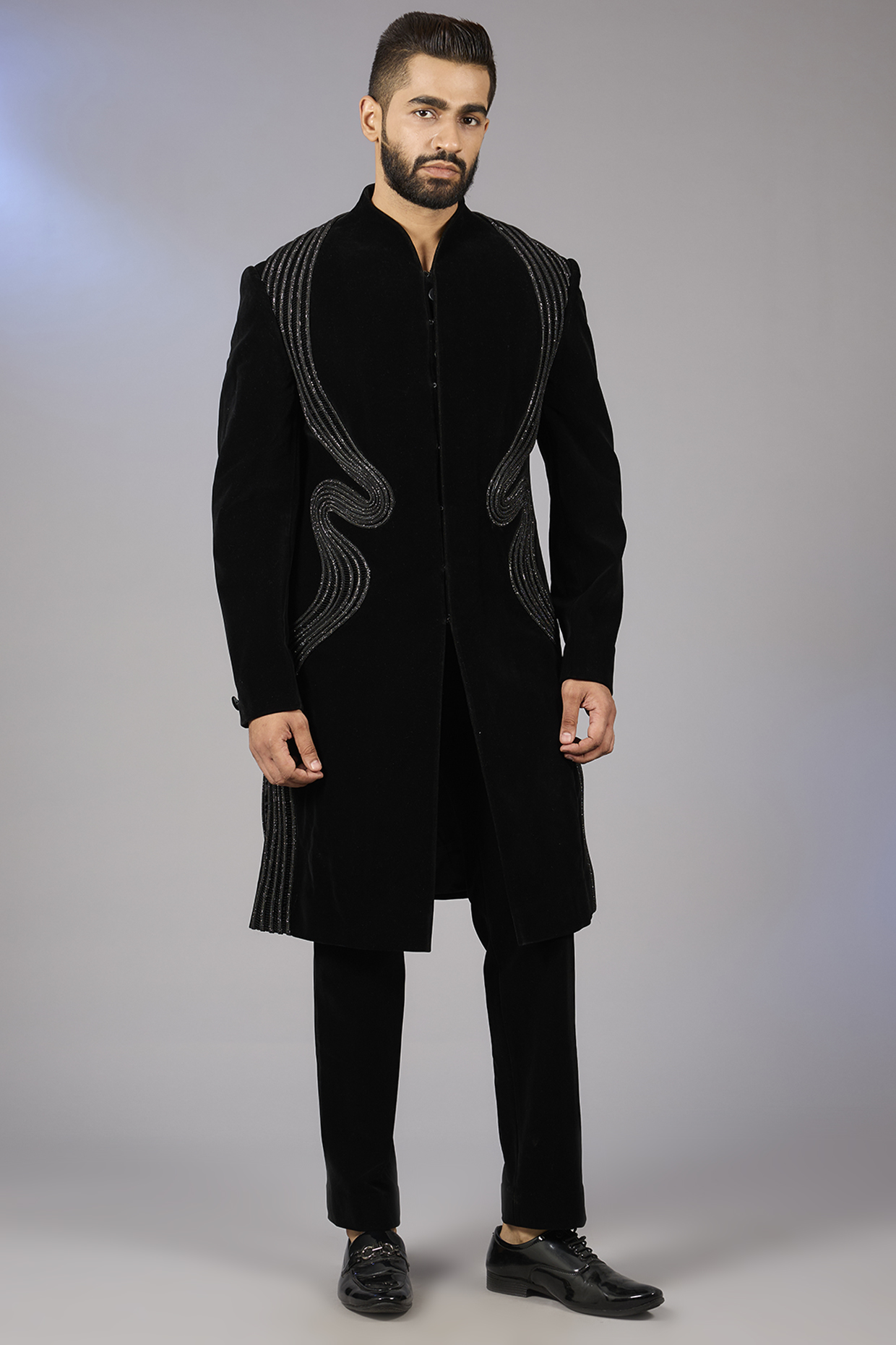 Black Jacquard Indo-Western Set by Amit Aggarwal Men