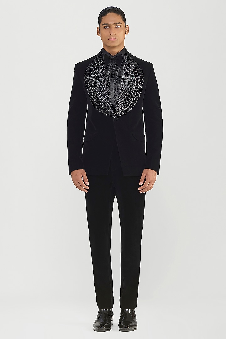 Black Velvet Corded Tuxedo Set by Amit Aggarwal Men at Pernia's Pop Up Shop