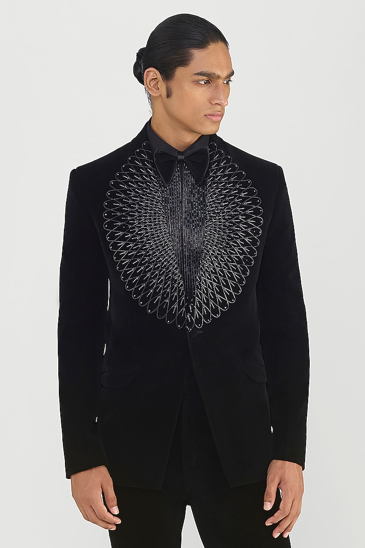 Black Velvet Corded Tuxedo Set by Amit Aggarwal Men at Pernia's Pop Up Shop