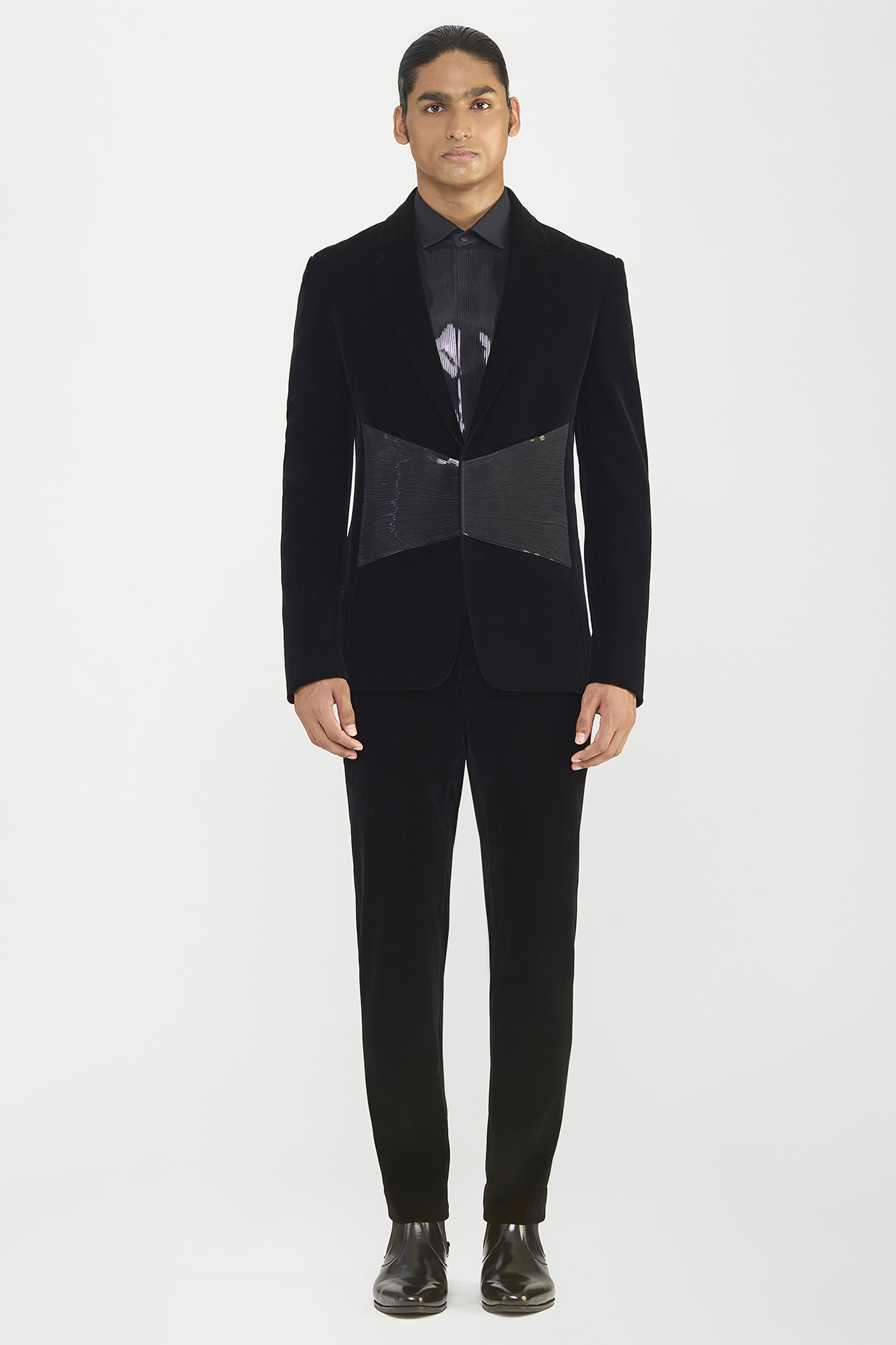 Black Velvet Metallic Micro Pleated Tuxedo Set by Amit Aggarwal Men at Pernia's Pop Up Shop