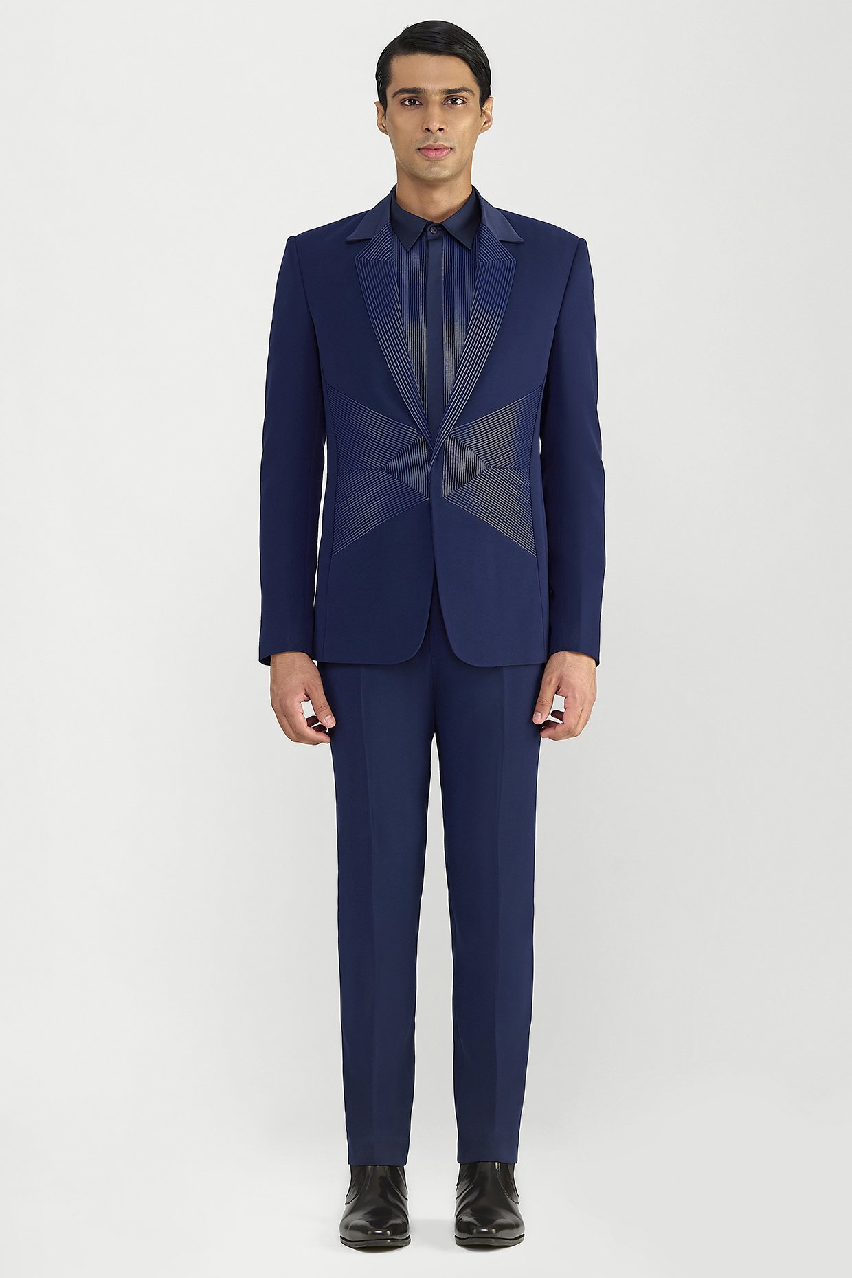 Ink Blue Satin Crepe Cord Tuxedo Set by Amit Aggarwal Men at Pernia's Pop Up Shop