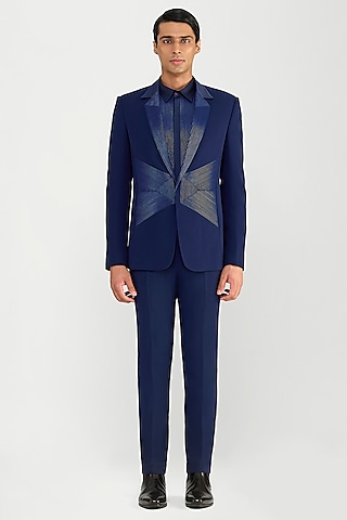 Ink Blue Satin Crepe Cord Tuxedo Set by Amit Aggarwal Men