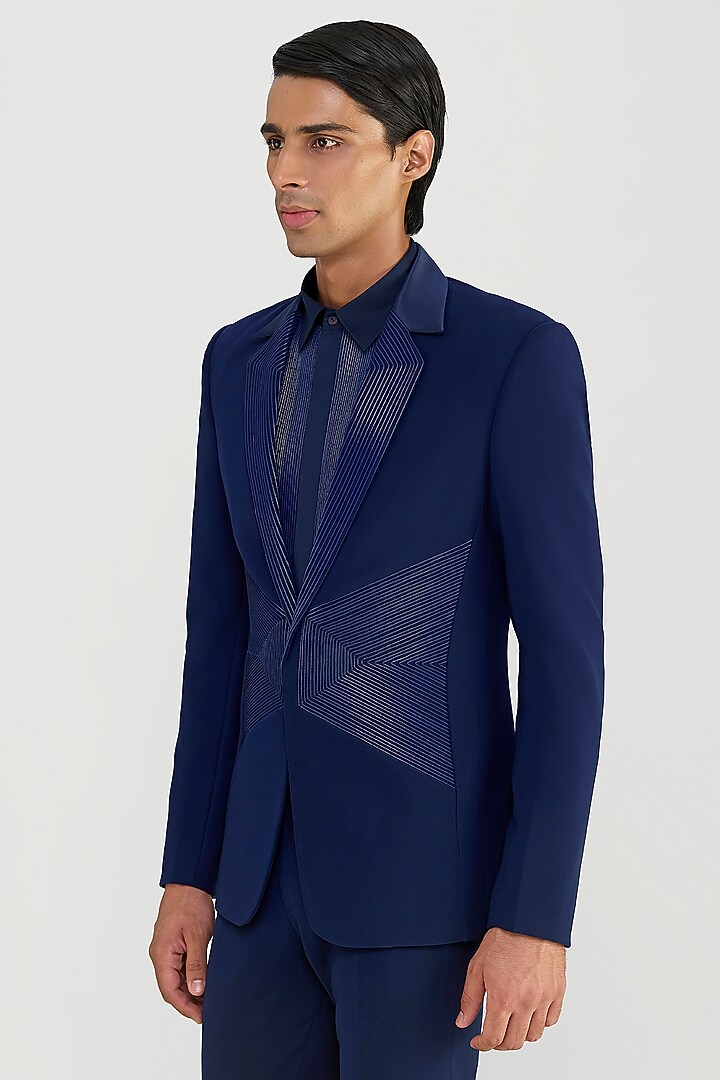 Ink Blue Satin Crepe Cord Tuxedo Set by Amit Aggarwal Men at Pernia's Pop Up Shop