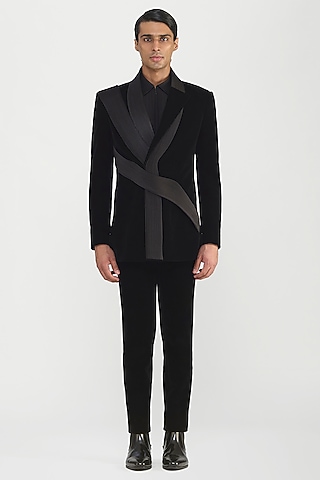 Black Velvet Micro Pleated Tuxedo Set by Amit Aggarwal Men