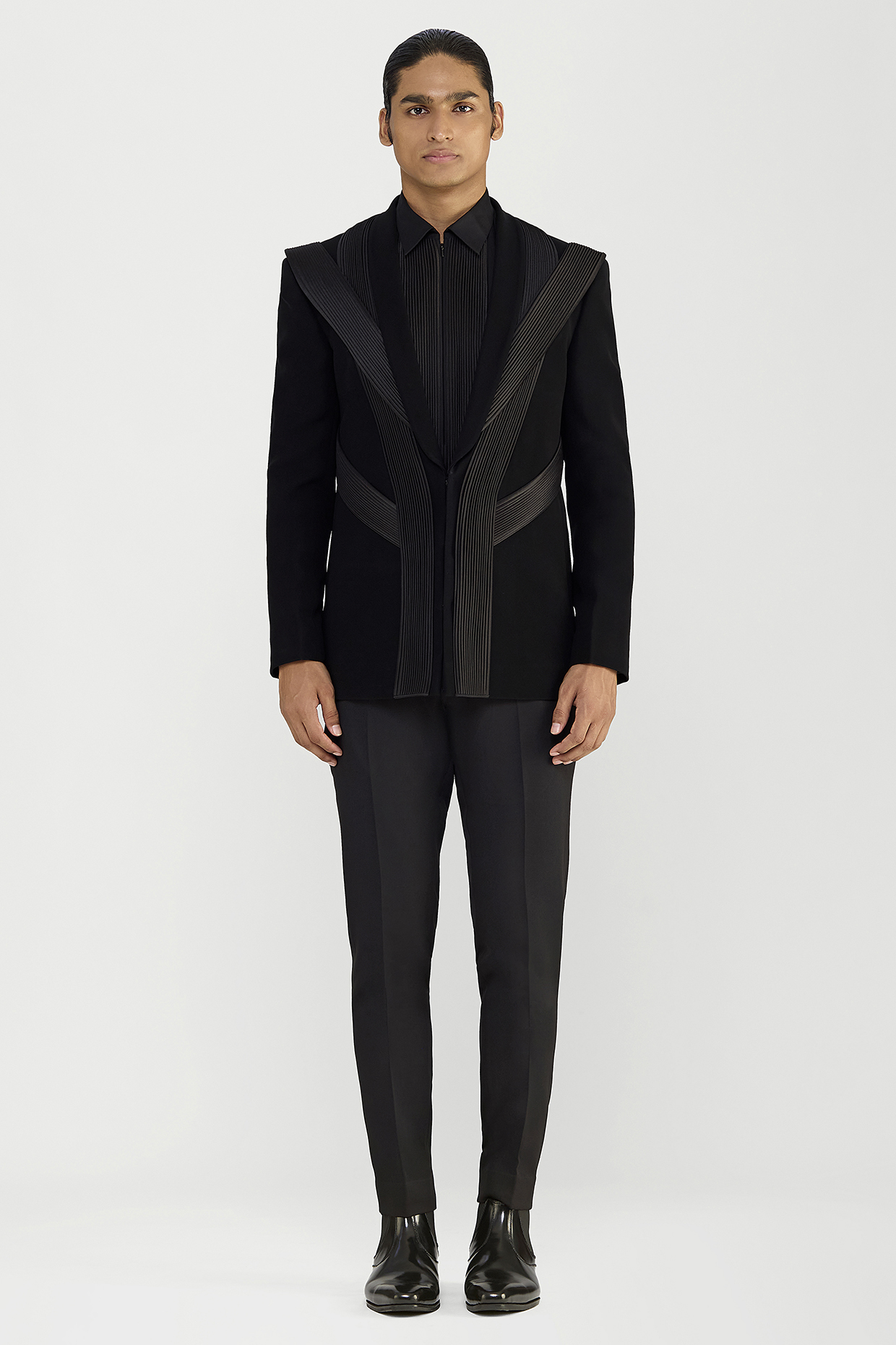 Black Satin Crepe Micro Pleated Tuxedo Set by Amit Aggarwal Men at Pernia's Pop Up Shop
