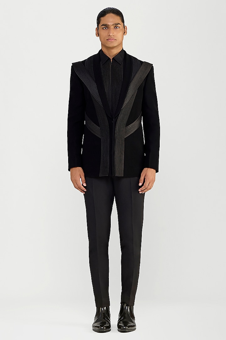 Black Satin Crepe Micro Pleated Tuxedo Set by Amit Aggarwal Men at Pernia's Pop Up Shop