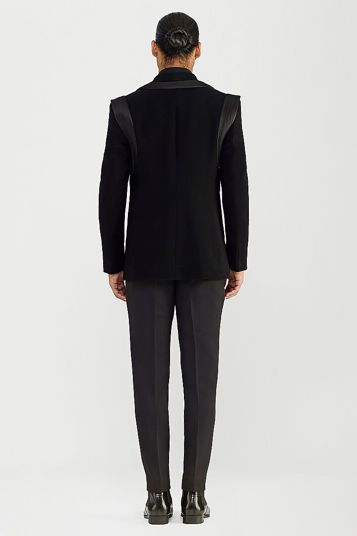 Black Satin Crepe Micro Pleated Tuxedo Set by Amit Aggarwal Men at Pernia's Pop Up Shop