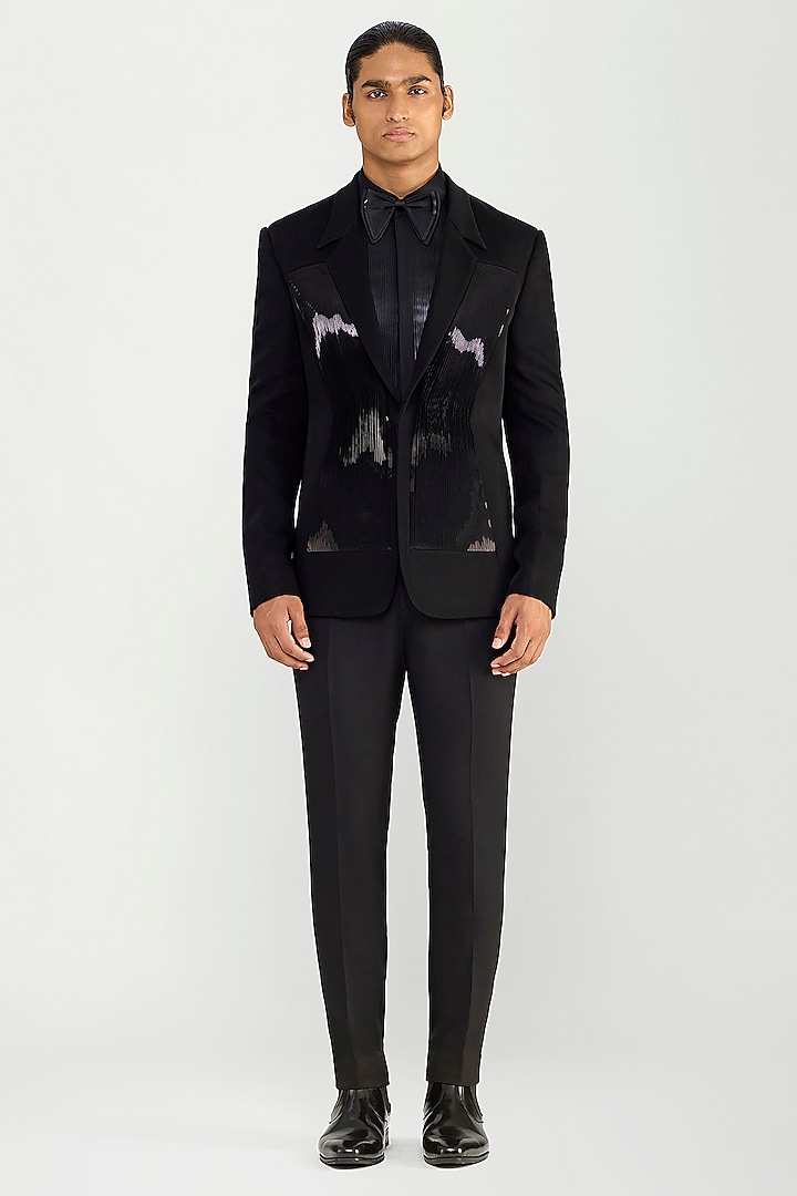 Black Satin Crepe Micro Pleated Tuxedo Set by Amit Aggarwal Men at Pernia's Pop Up Shop