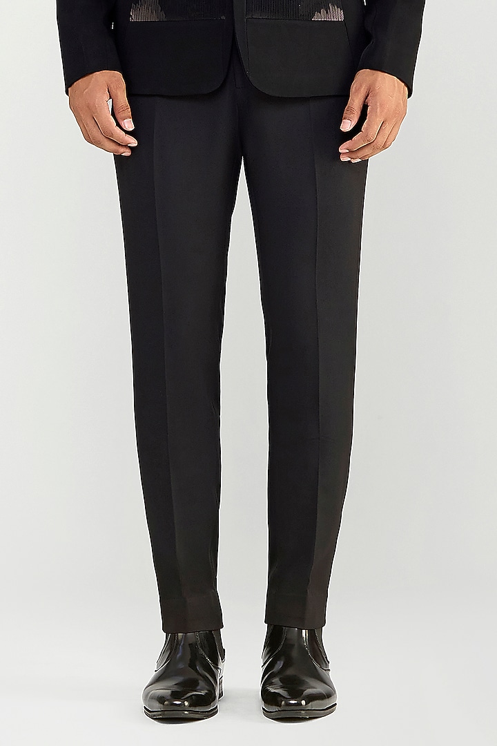 Black Satin Crepe Micro Pleated Tuxedo Set by Amit Aggarwal Men at Pernia's Pop Up Shop