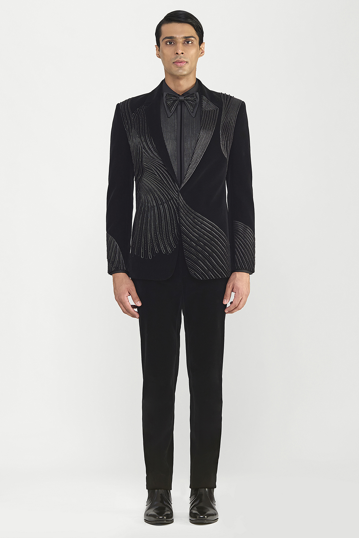 Black Velvet Glass Beaded Tuxedo Set by Amit Aggarwal Men