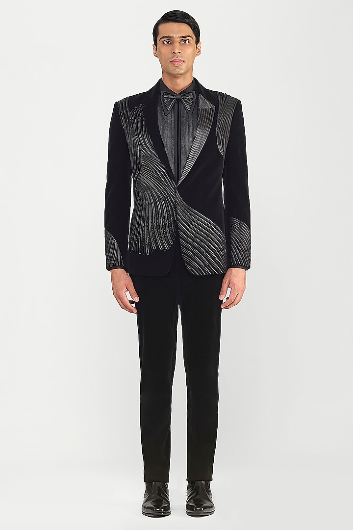 Black Velvet Glass Beaded Tuxedo Set by Amit Aggarwal Men