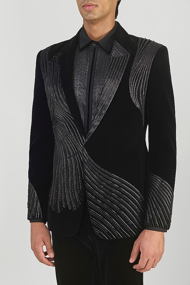 Black Velvet Glass Beaded Tuxedo Set by Amit Aggarwal Men at Pernia's Pop Up Shop