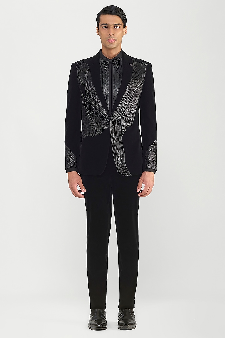 Black Velvet Glass Beaded Tuxedo Set by Amit Aggarwal Men at Pernia's Pop Up Shop