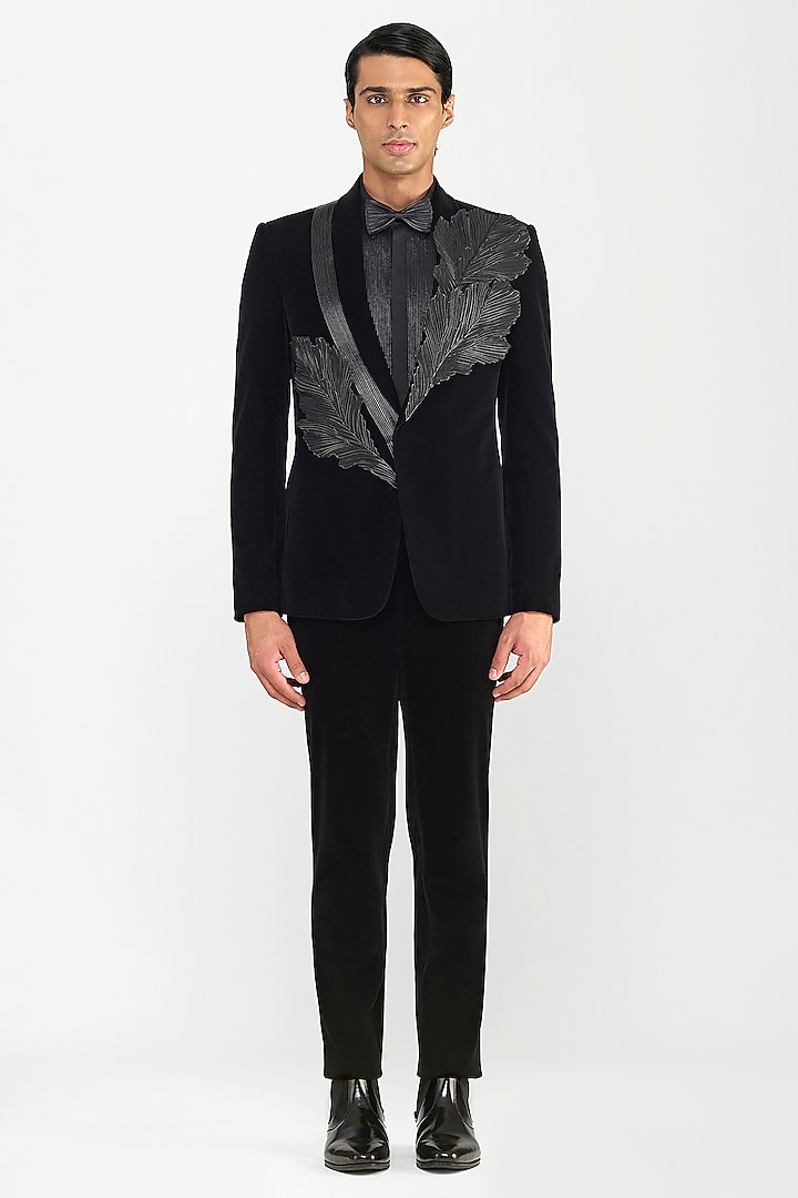 Black Velvet Corded Leaf Tuxedo Set by Amit Aggarwal Men at Pernia's Pop Up Shop
