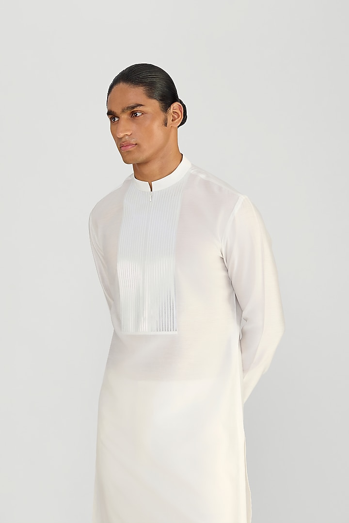 Ivory Chanderi Silk Metallic Micro Pleated Kurta Set by Amit Aggarwal Men at Pernia's Pop Up Shop