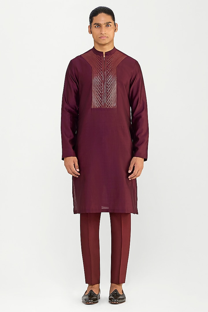Plum Chanderi Silk Corded Kurta Set by Amit Aggarwal Men at Pernia's Pop Up Shop