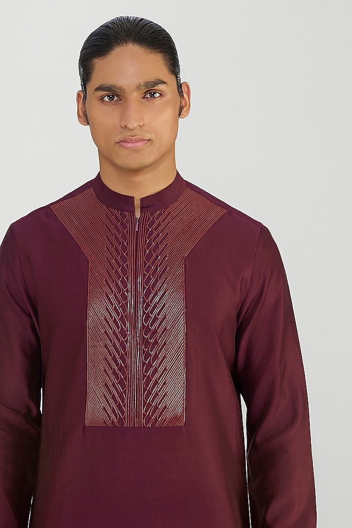 Plum Chanderi Silk Corded Kurta Set by Amit Aggarwal Men at Pernia's Pop Up Shop