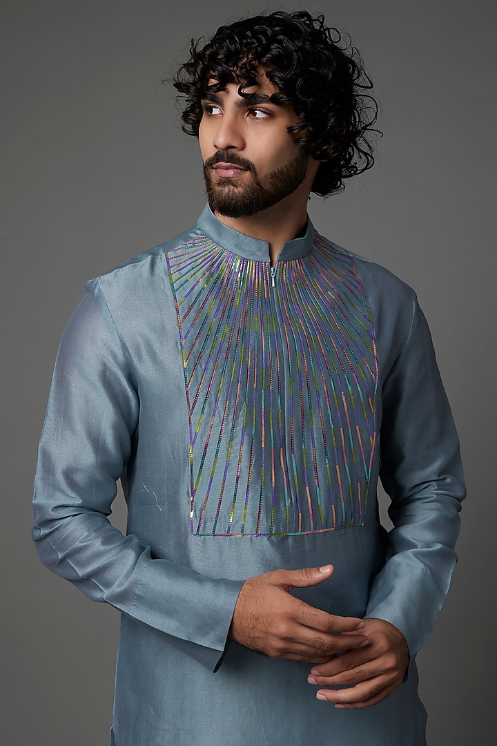 Ice Blue Silk & Chanderi Kurta Set by Amit Aggarwal Men at Pernia's Pop Up Shop