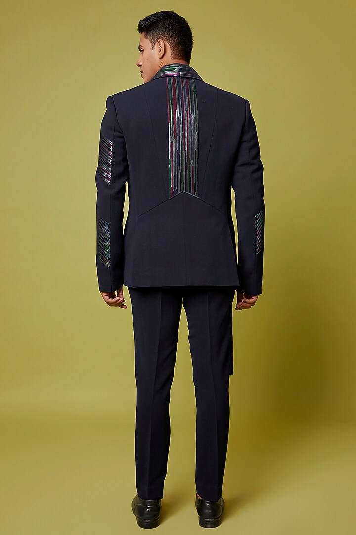 Black Cotton Satin Asymmetric Tuxedo Set by Amit Aggarwal Men at Pernia's Pop Up Shop