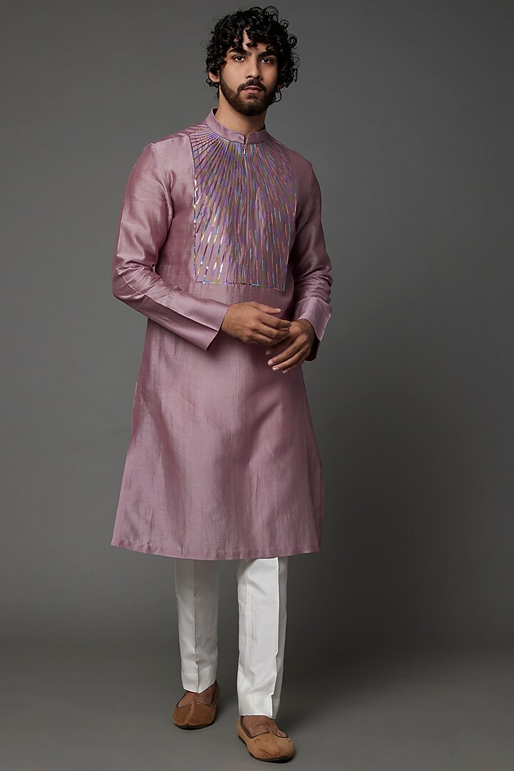 Rose Pink Silk & Chanderi Kurta Set by Amit Aggarwal Men at Pernia's Pop Up Shop