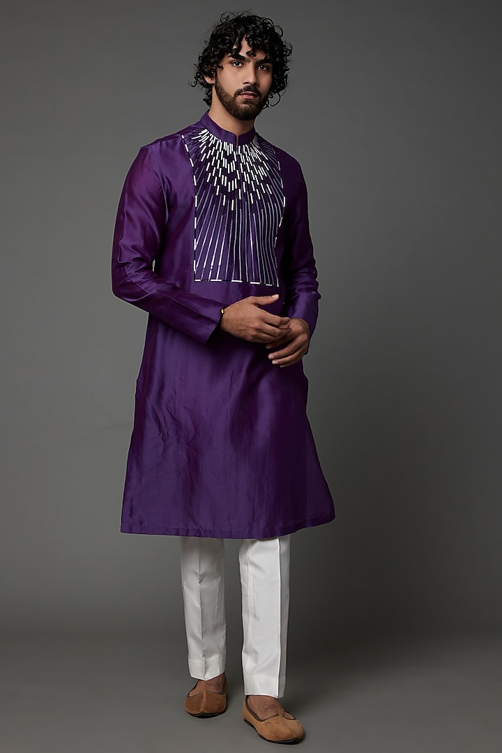 Purple Silk & Chanderi Kurta Set by Amit Aggarwal Men