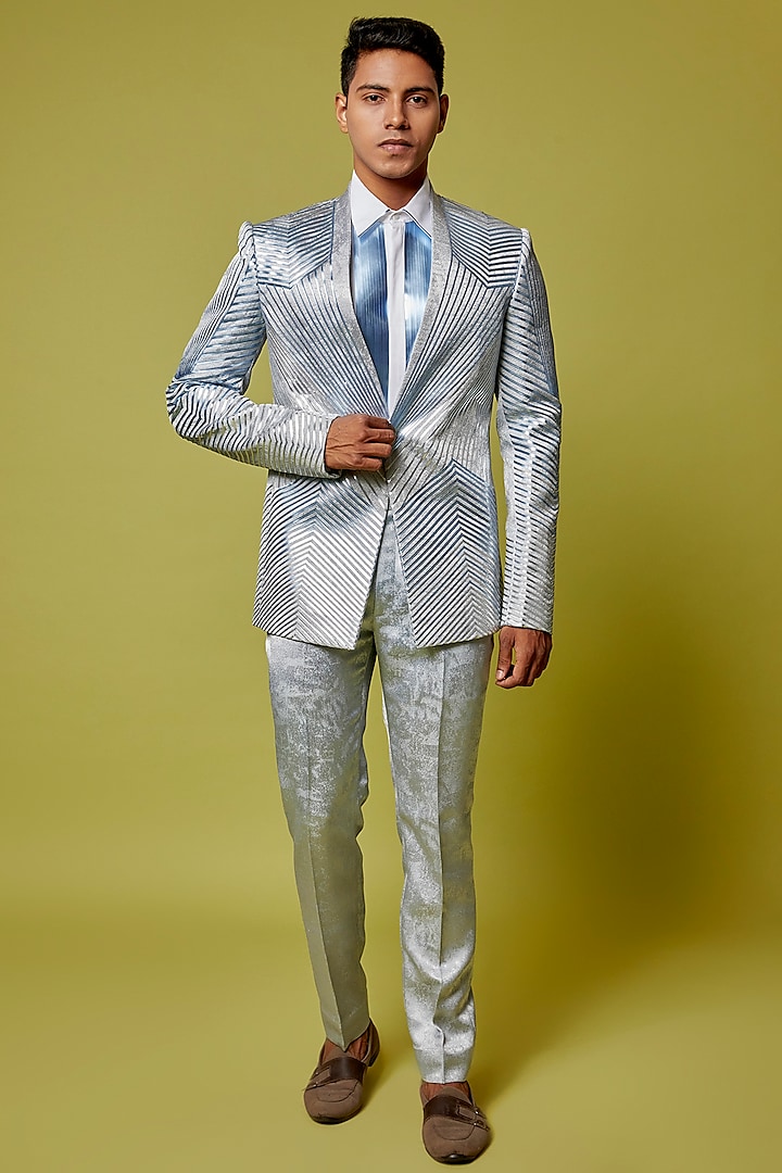 Silver Stretch Crepe & Cotton Embroidered Tuxedo Set by Amit Aggarwal Men