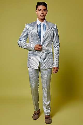 Silver Stretch Cotton Metallic Embroidered Tuxedo Set by Amit Aggarwal Men