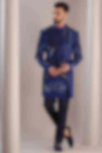 Blue Jacquard Embroidered Indo-Western Set by Amit Aggarwal Men