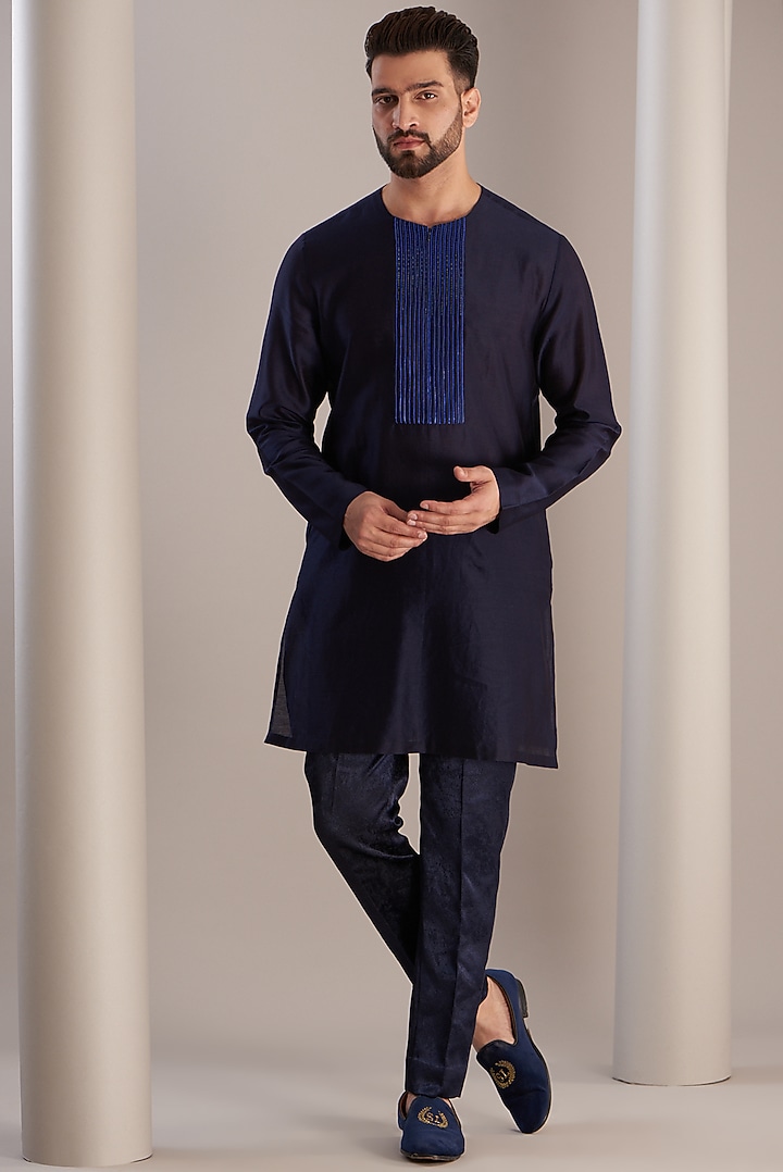 Blue Jacquard Embroidered Indo-Western Set by Amit Aggarwal Men at Pernia's Pop Up Shop