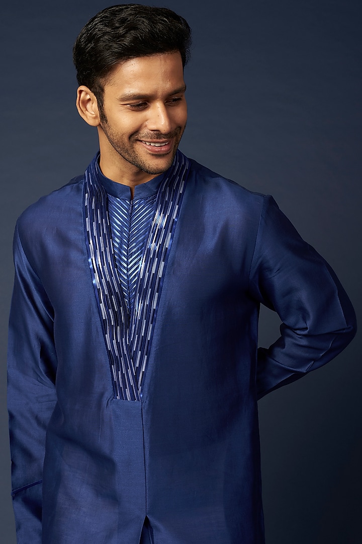 Royal Blue Silk & Chanderi Kurta Set by Amit Aggarwal Men at Pernia's Pop Up Shop