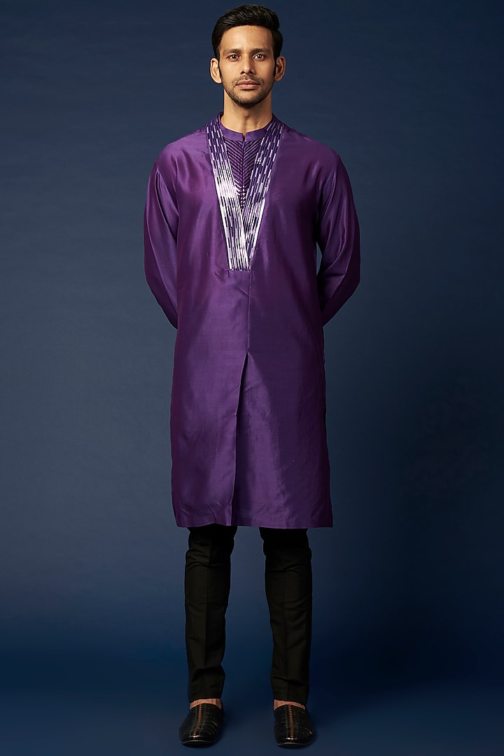Purple Silk & Chanderi Kurta Set by Amit Aggarwal Men