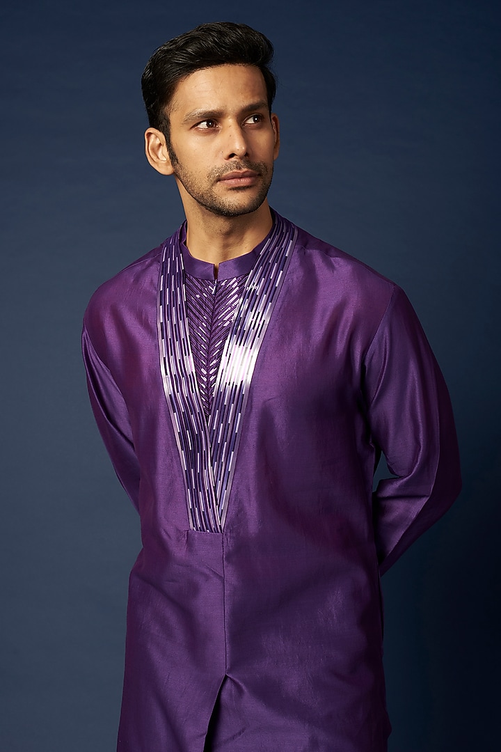 Purple Silk & Chanderi Kurta Set by Amit Aggarwal Men at Pernia's Pop Up Shop