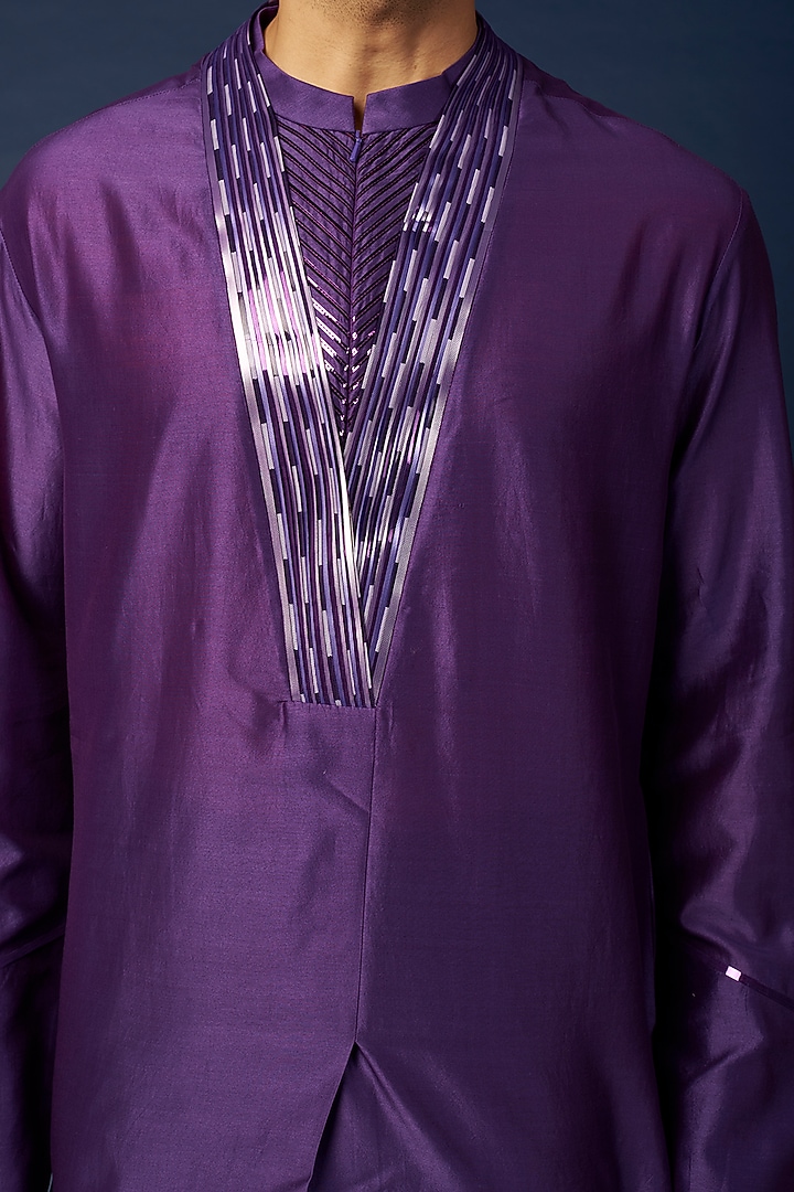 Purple Silk & Chanderi Kurta Set by Amit Aggarwal Men at Pernia's Pop Up Shop