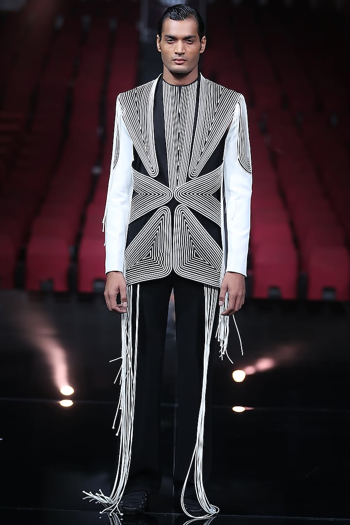 Black & Silver Cord Cut-Out Jacket Set by Amit Aggarwal Men