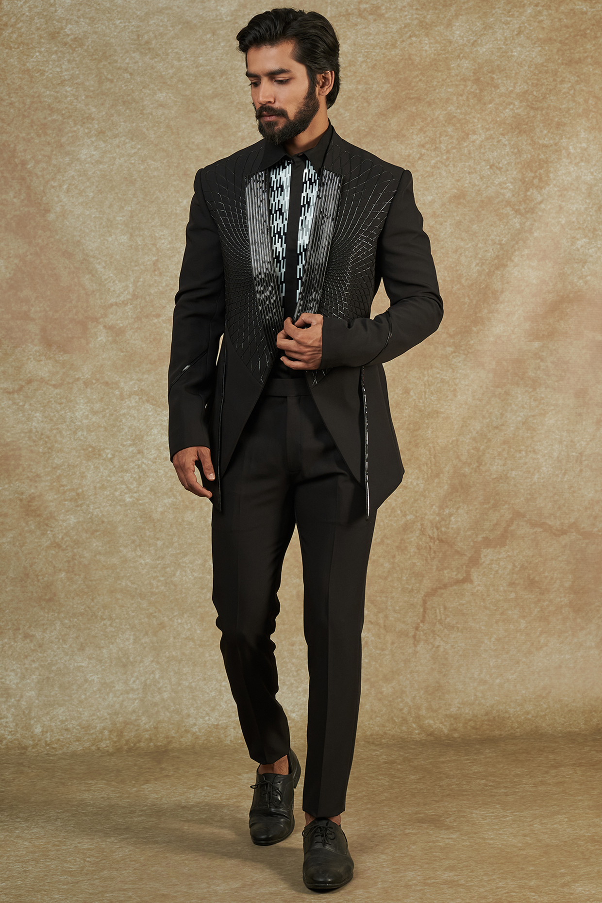 Black Metallic Embroidered Tuxedo Set by Amit Aggarwal Men