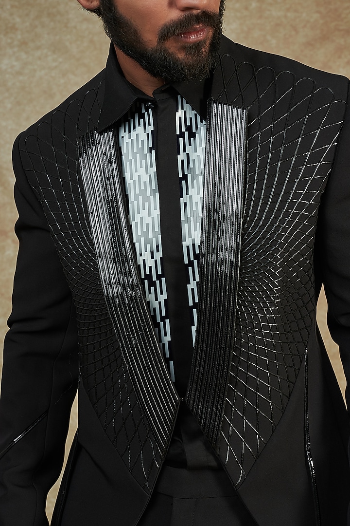 Black Metallic Monochrome Tuxedo Set by Amit Aggarwal Men at Pernia's Pop Up Shop