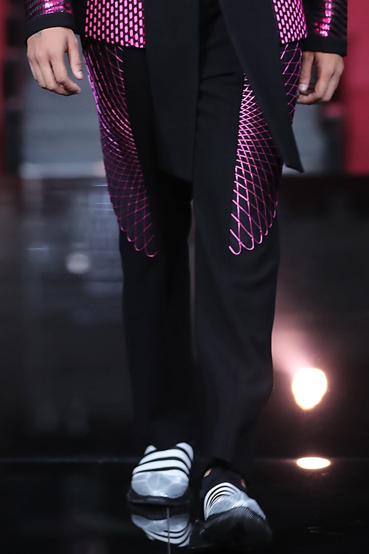 Fuchsia & Black Metallic Polymer Hand Woven Tuxedo Set by Amit Aggarwal Men at Pernia's Pop Up Shop