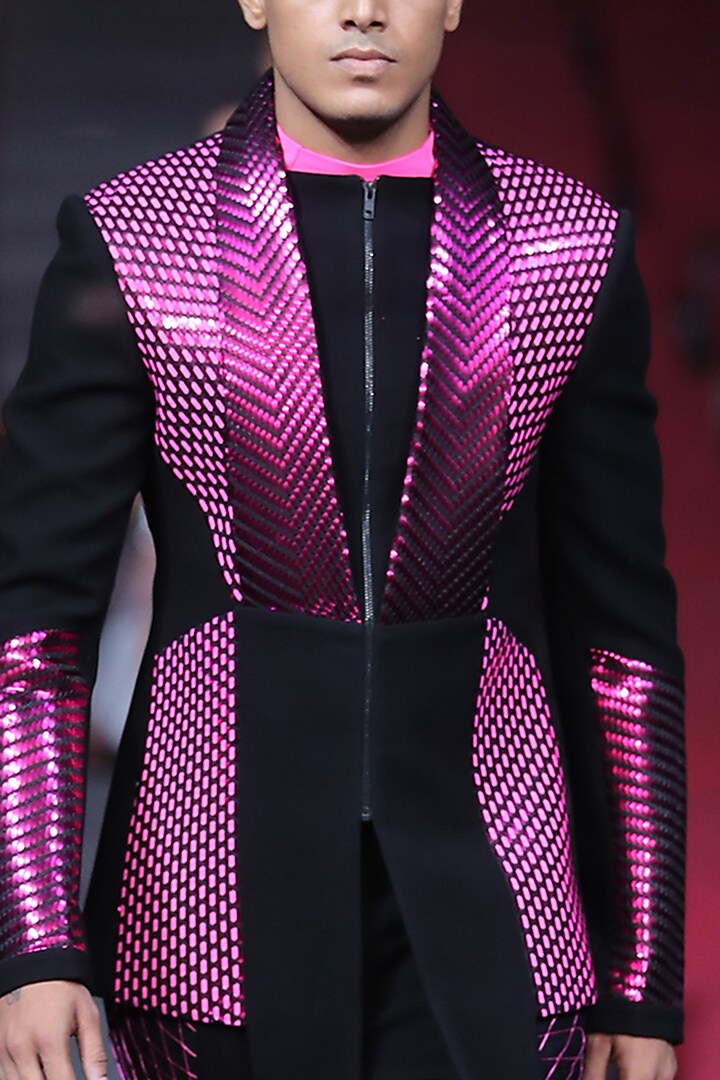 Fuchsia & Black Metallic Polymer Hand Woven Tuxedo Set by Amit Aggarwal Men at Pernia's Pop Up Shop