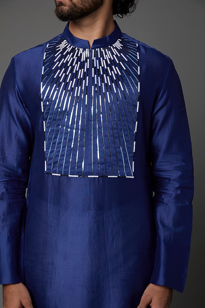 Cobalt Blue Silk Metallic Kurta Set by Amit Aggarwal Men at Pernia's Pop Up Shop
