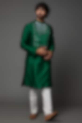 Emerald Green Silk & Chanderi Kurta Set by Amit Aggarwal Men