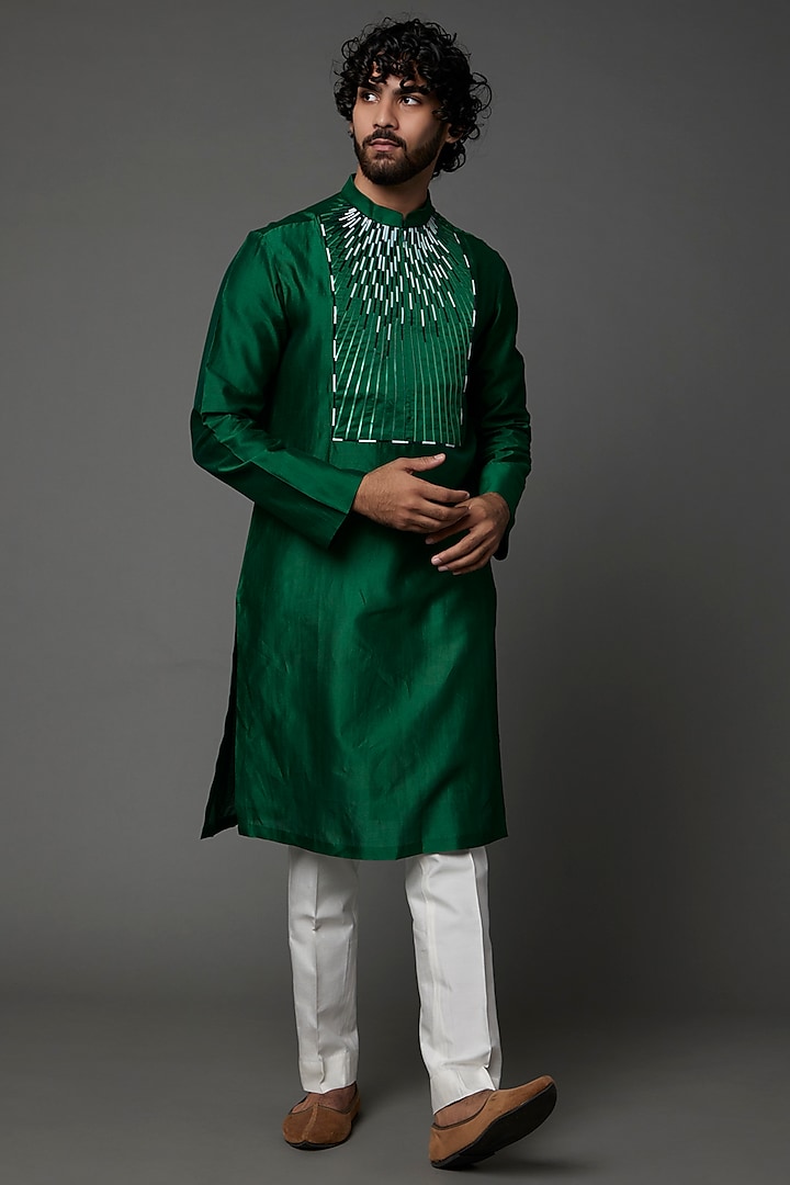 Emerald Green Silk & Chanderi Kurta Set by Amit Aggarwal Men