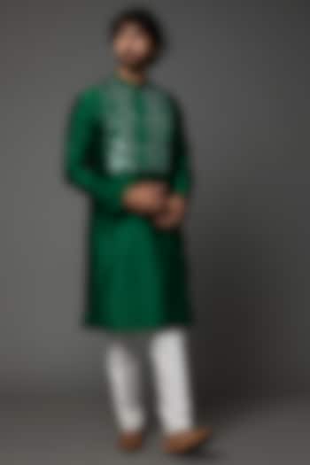 Emerald Green Chanderi & Silk Kurta by Amit Aggarwal Men