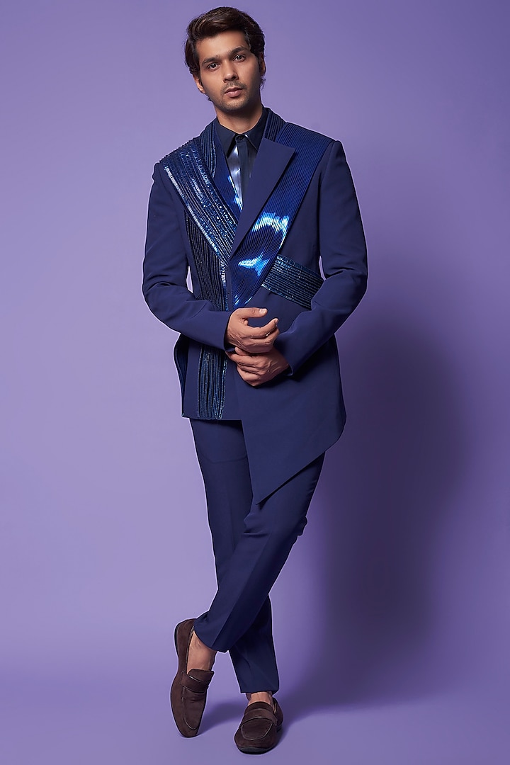 Midnight Blue Metallic Polymer Sequins Embroidered Jacket Set by Amit Aggarwal Men