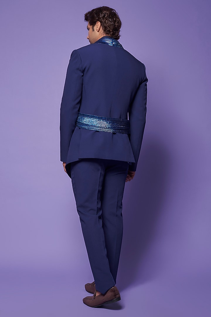 Midnight Blue Metallic Polymer Sequins Embroidered Jacket Set by Amit Aggarwal Men at Pernia's Pop Up Shop