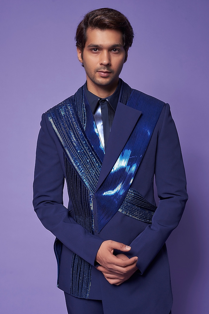 Midnight Blue Metallic Polymer Sequins Embroidered Jacket Set by