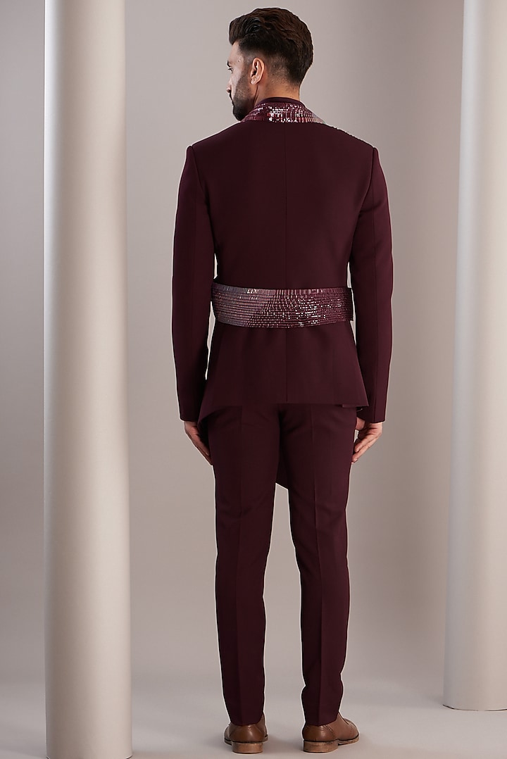 Maroon Metallic Polymer Embroidered blazer Set by Amit Aggarwal Men at Pernia's Pop Up Shop
